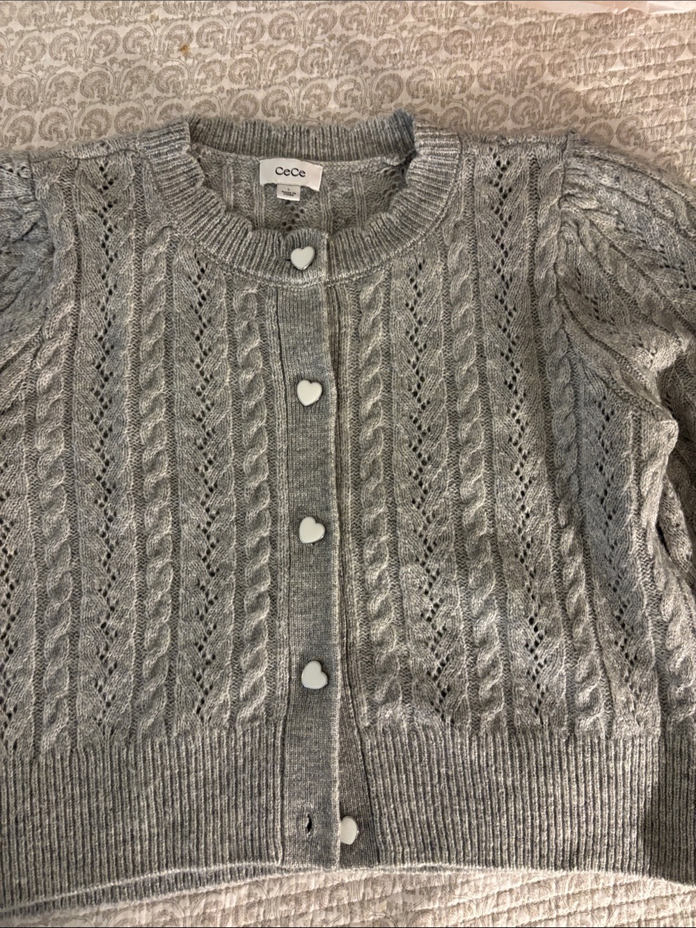 Light Gray Cable Knit Cardigan with Heart Buttons